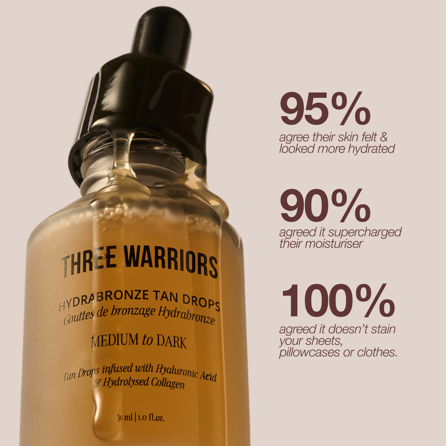 Hydrabronze Tanning Drops | Three Warriors | Supercharge your skin's hydration and enhance your glow with everyone's favourite face tan drops.